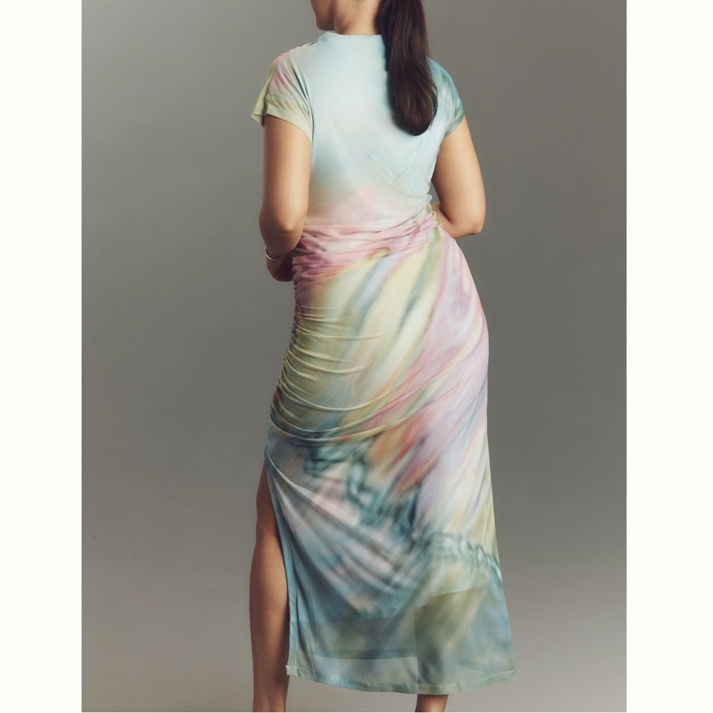 NEW Anthropologie Maya Ruched Cowl-Neck Dress Mesh Rainbow Watercolor Large - Picture 5 of 10